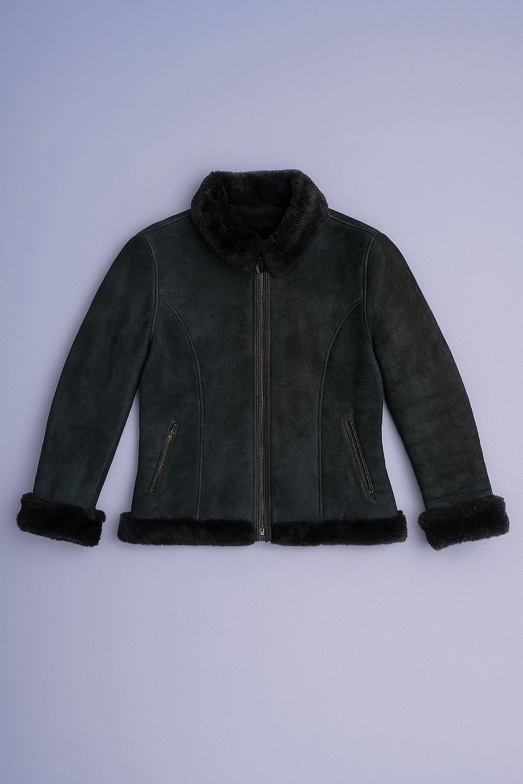 Dark green suede bomber jacket with plush black faux fur collar and lining.