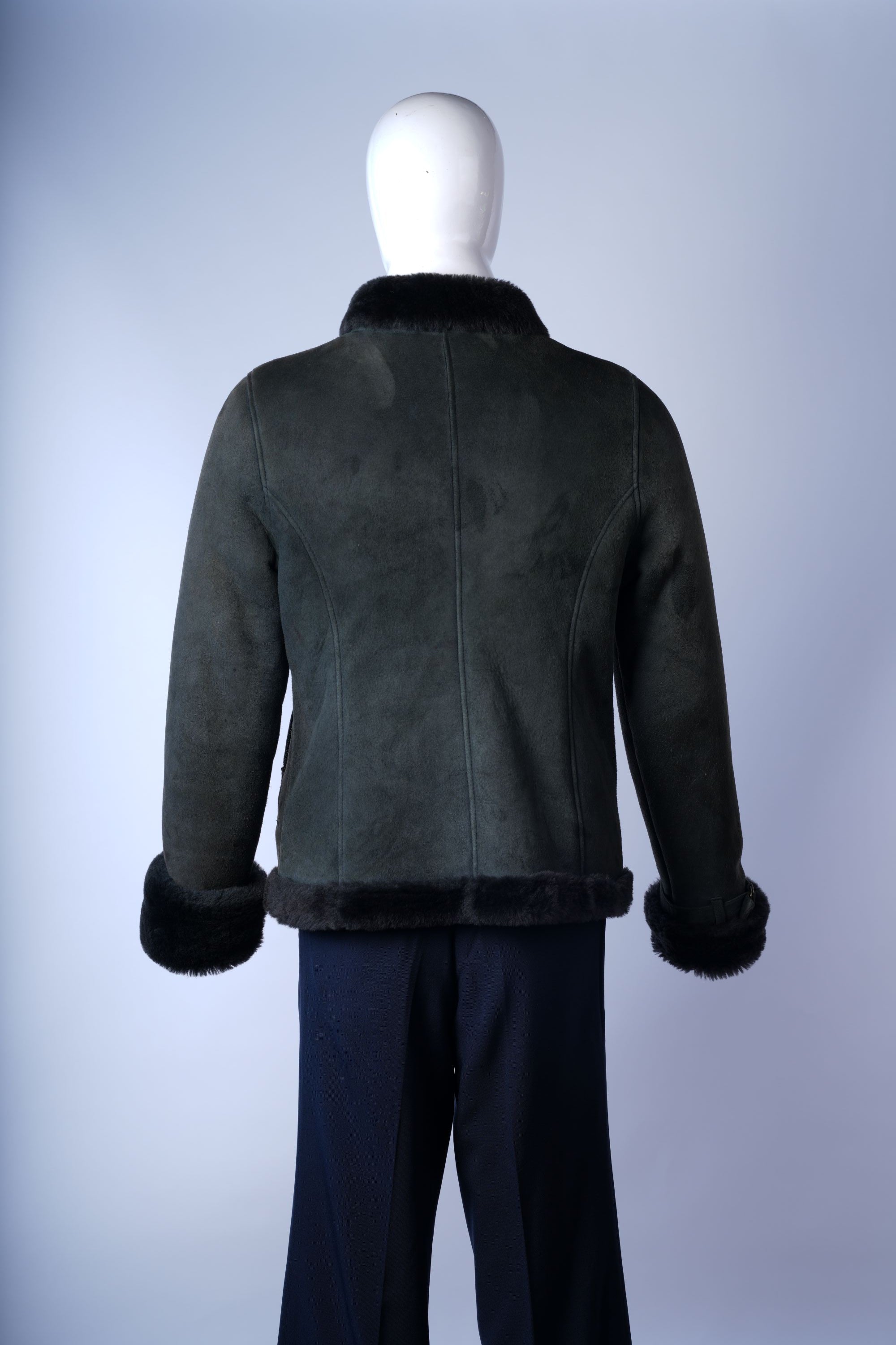 Versatile dark green suede aviator jacket perfect for casual or cold-weather wear.
