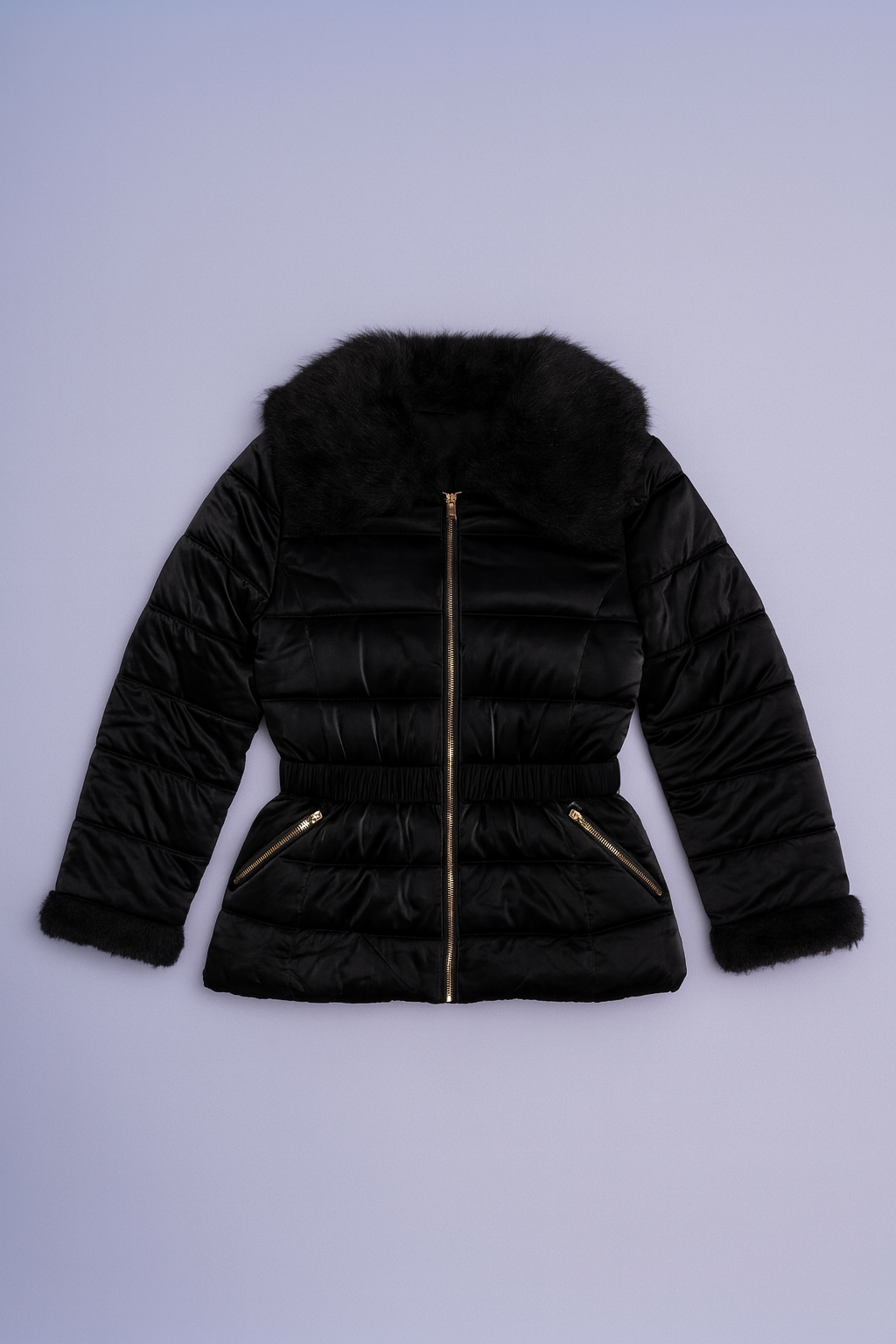 Sleek black padded puffer jacket with faux fur collar and belted waist.
