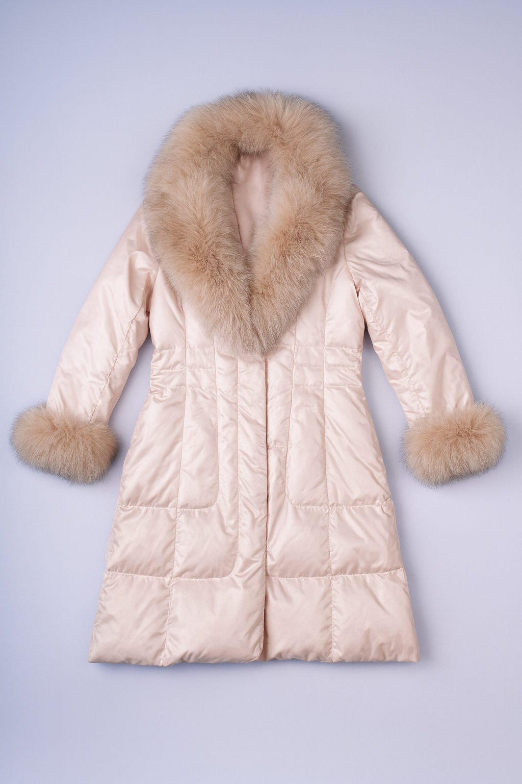 women's light pink puffer long jacket with faux fur collar and full zipper.