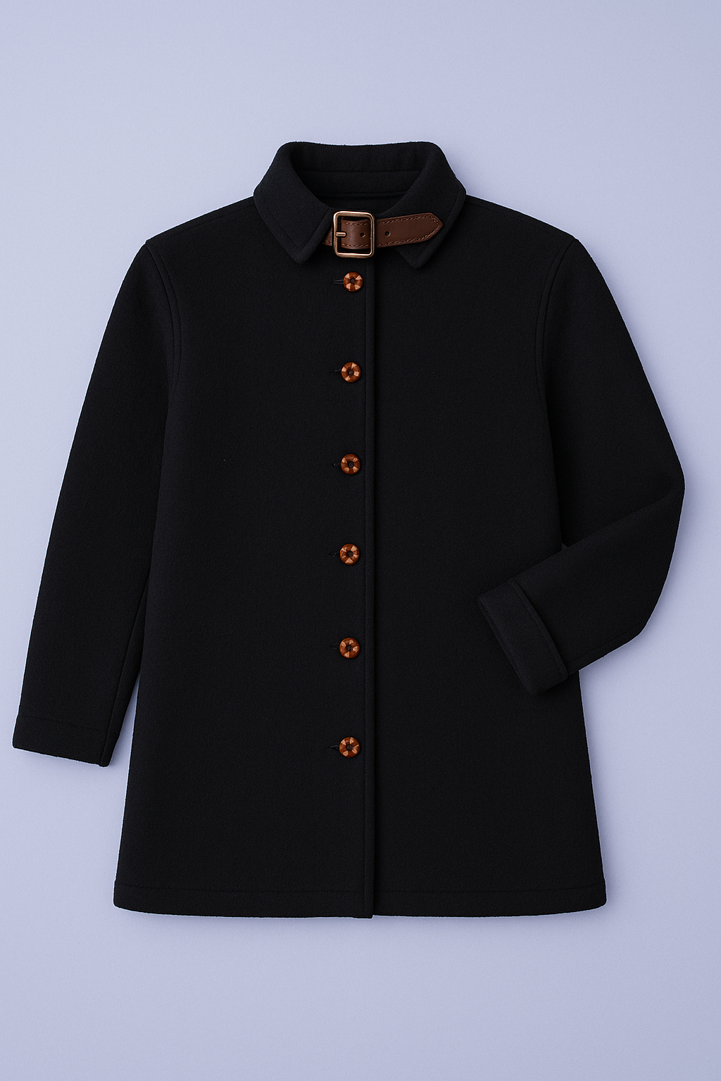 Navy wool-blend double-breasted pea coat with prominent buttons, high collar with leather detail, and welt pockets.