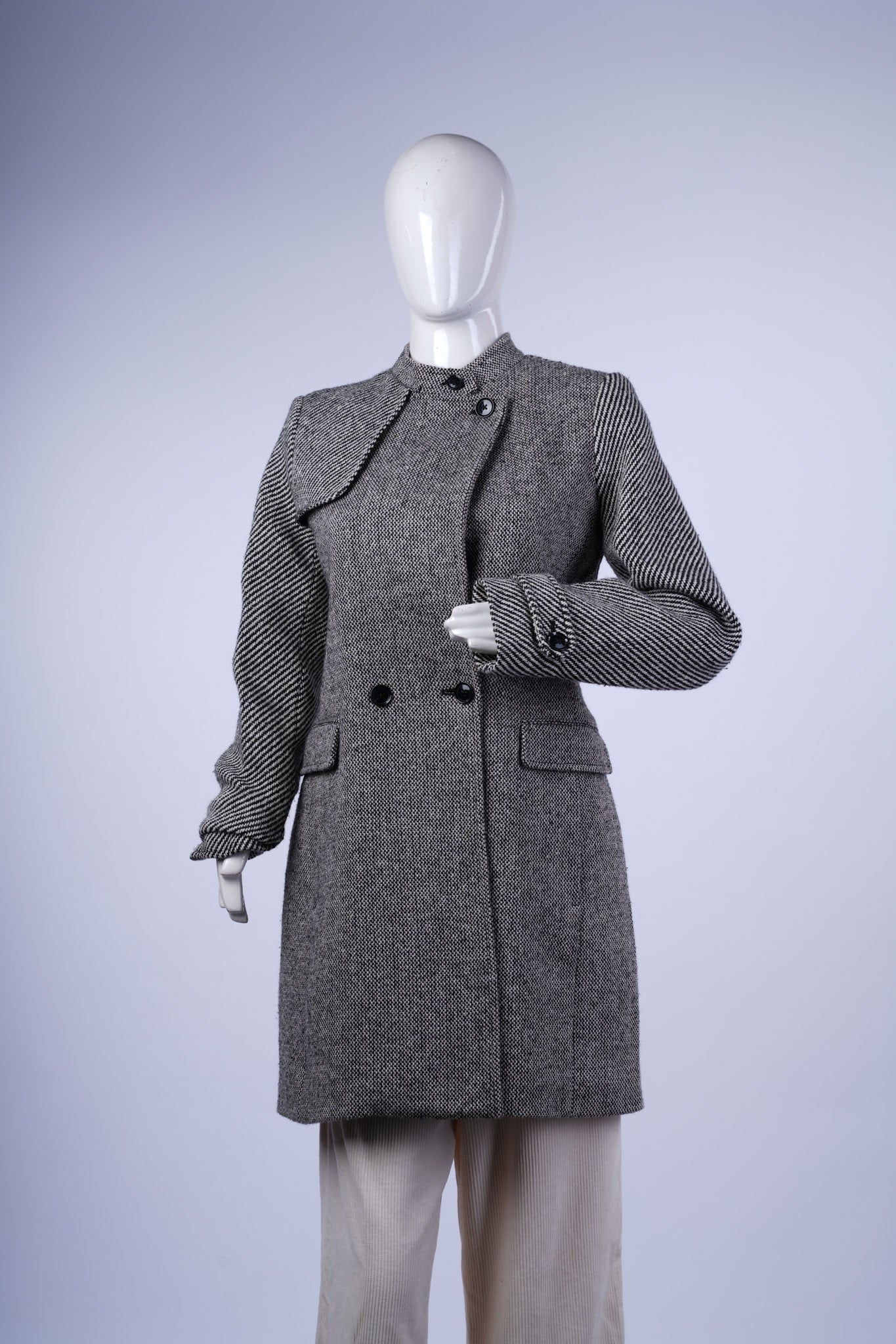 Grey Herringbone Double-Breasted Coat