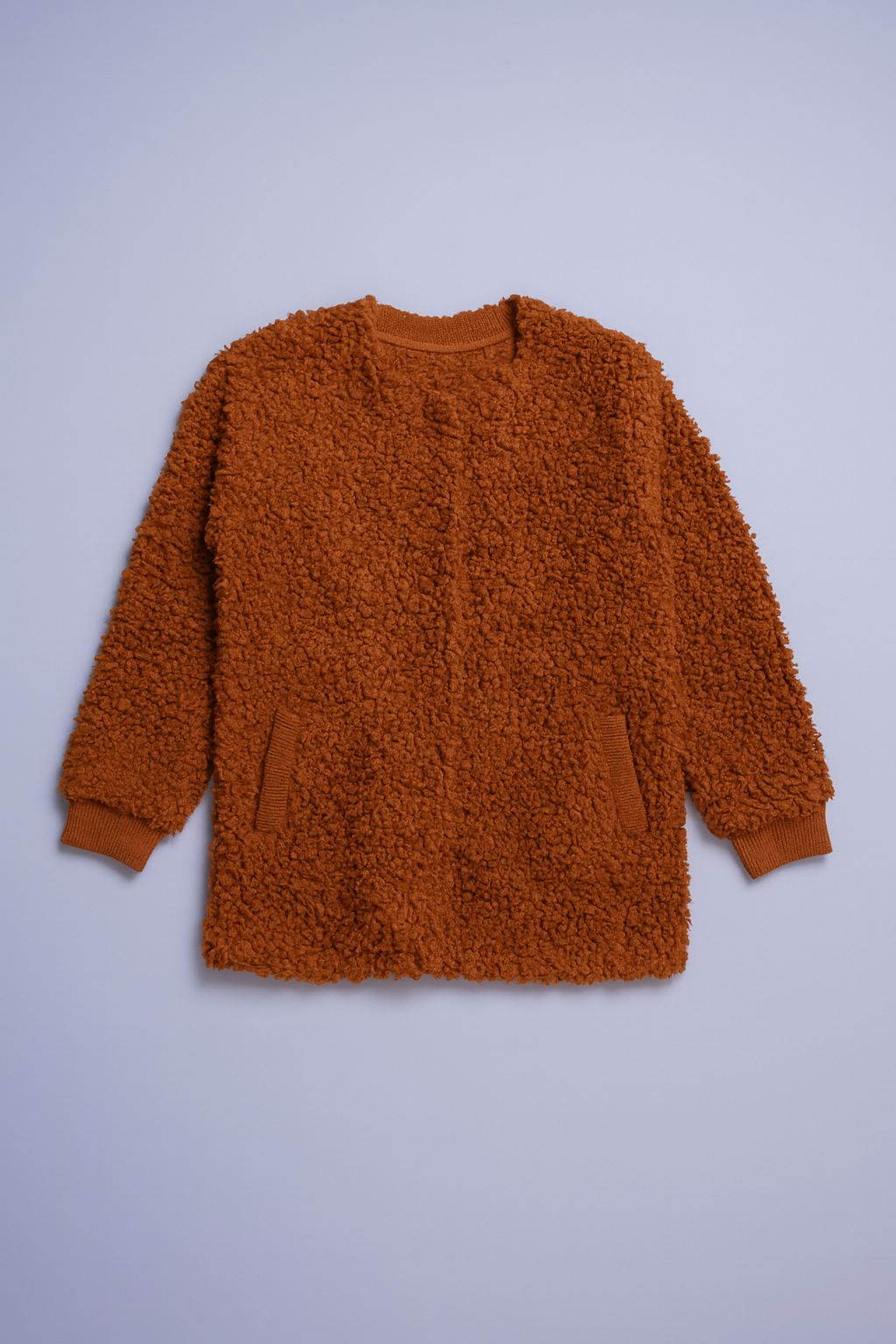 Cozy open-front coat in plush Sherpa Bouclé fabric.