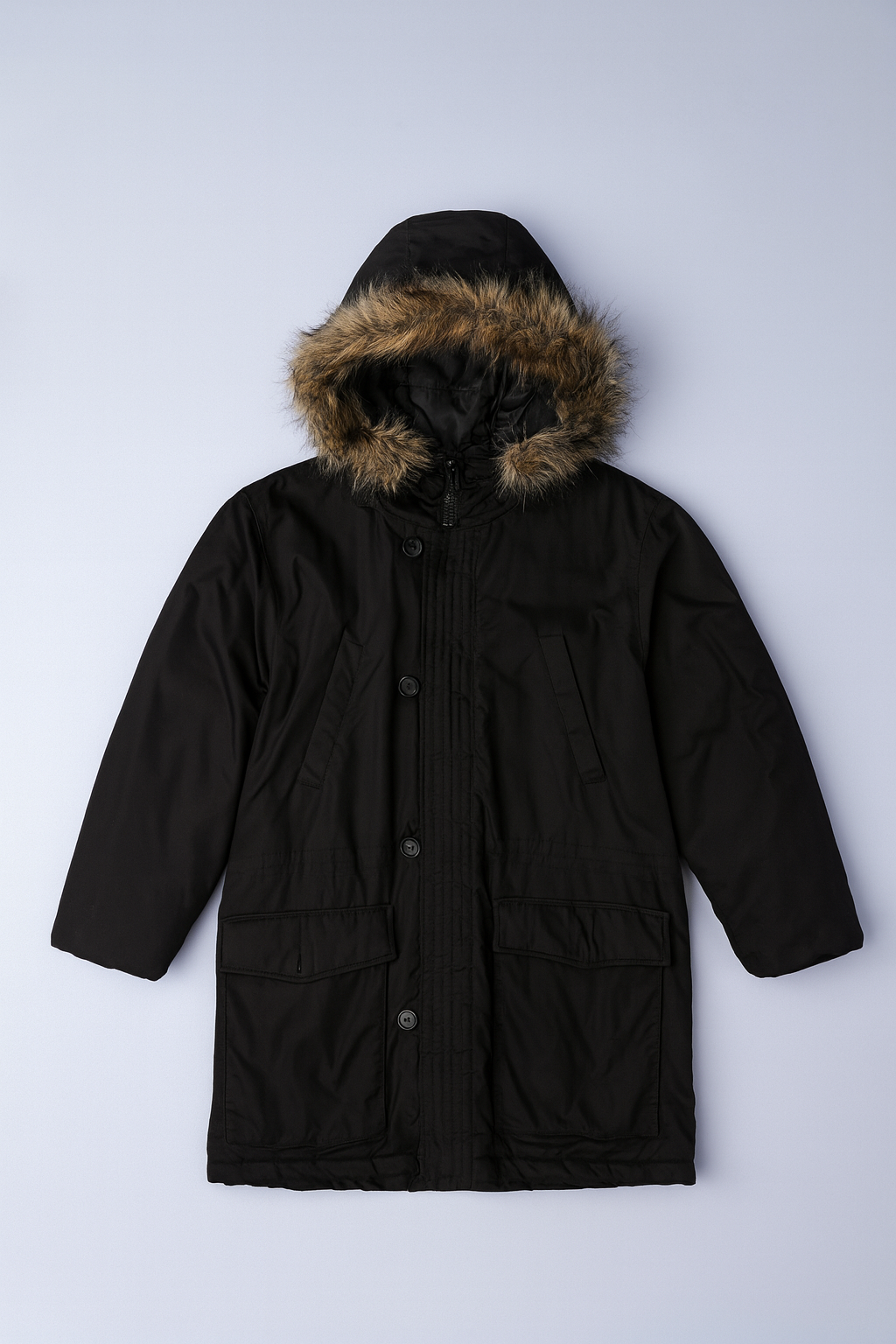Parka with faux fur-lined hood, zip and press-stud front, and multiple pockets.