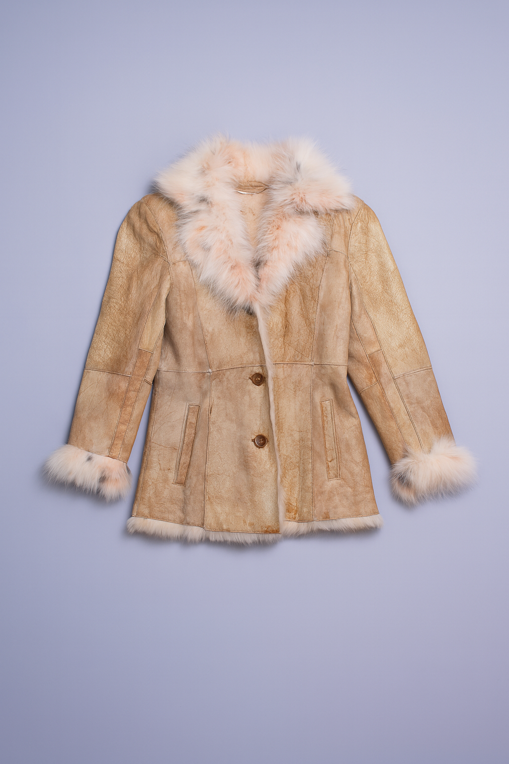 Vintage-inspired beige suede jacket with plush fur collar, button-front closure, and insulated lining.