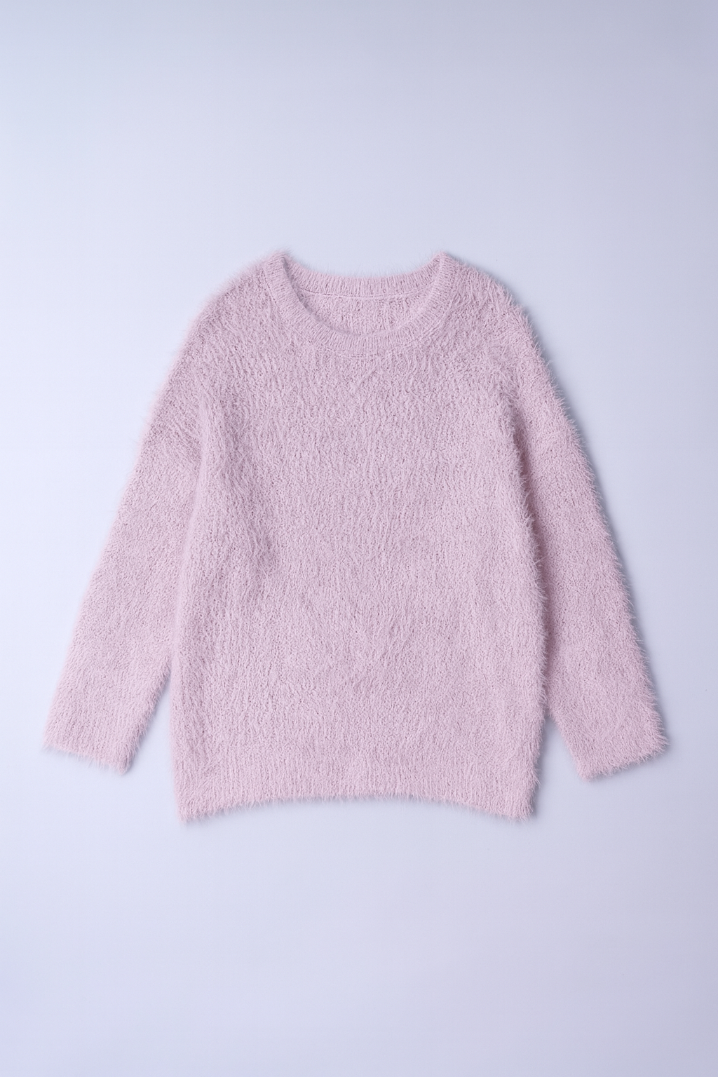 Soft, shaggy light grey knit sweater with relaxed fit.