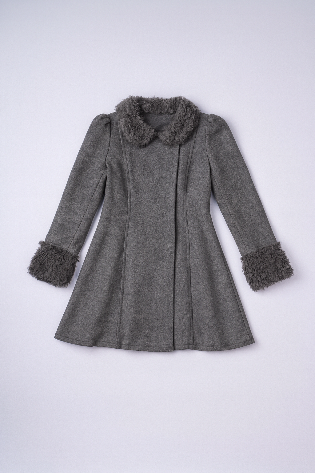 Grey A-line winter coat with plush faux fur trim and puffed shoulder details.