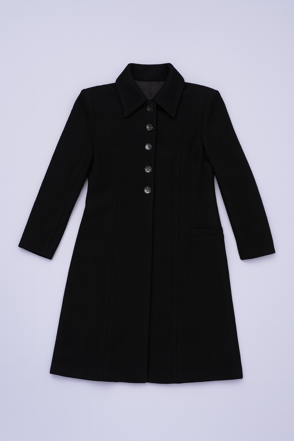 Black mid-length wool coat tailored silhouette.