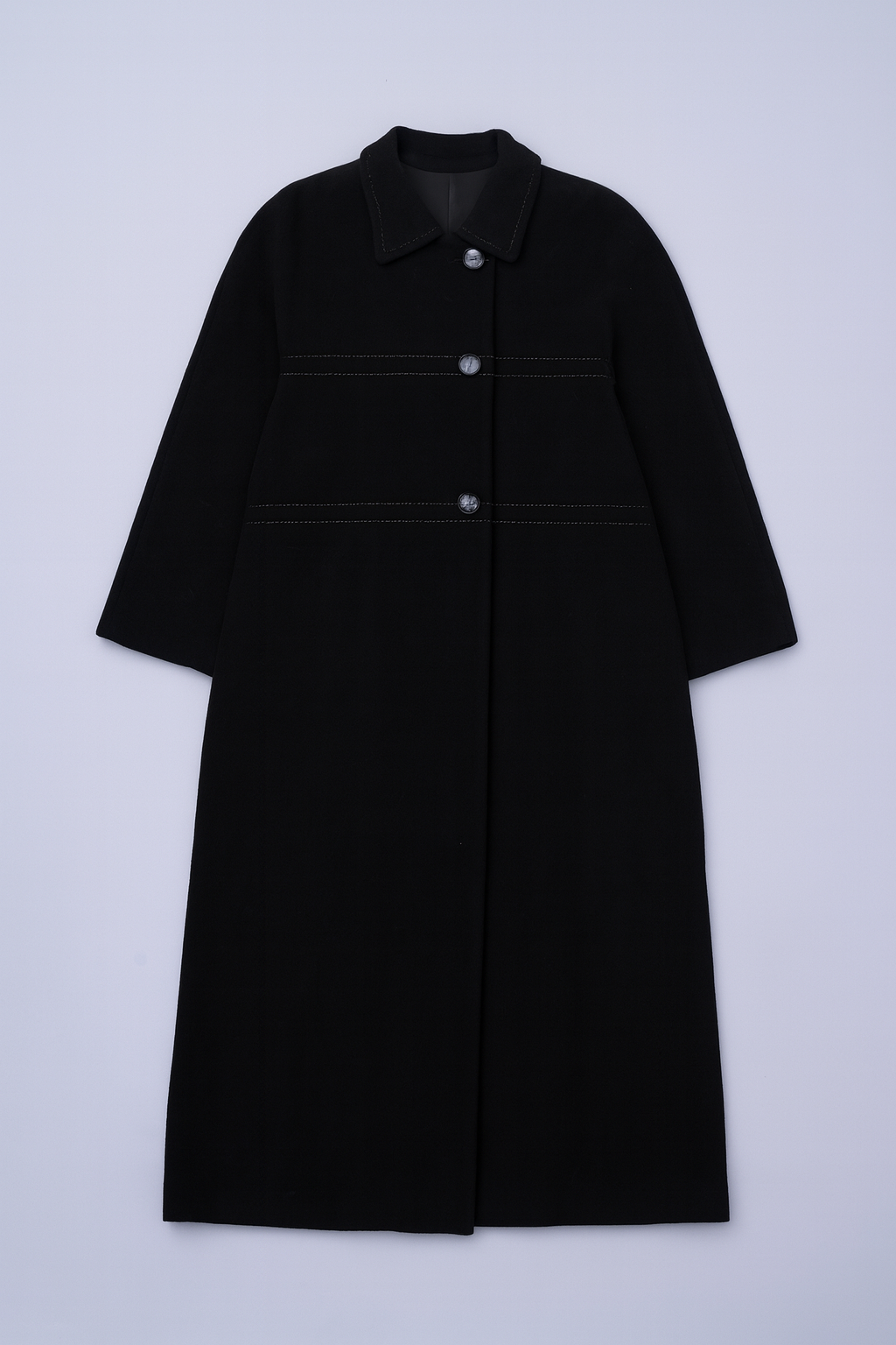 Black wool-blend long coat with structured collar and classic button-front design.