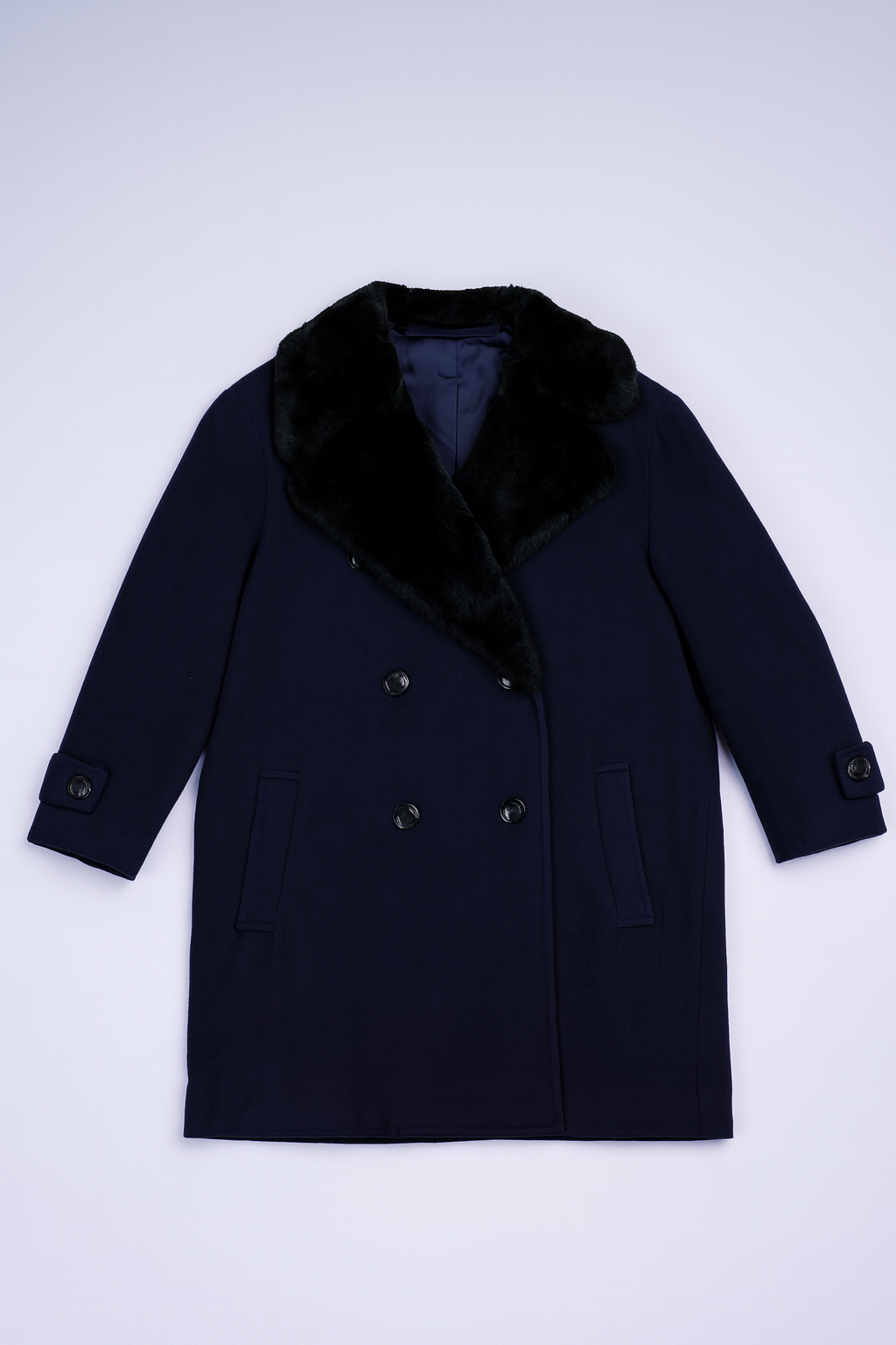 Navy double-breasted wool coat with wide black fur collar for women.