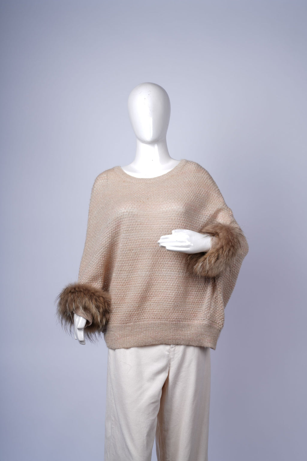 GRAND TABLE - Beige Knit Sweater with Faux Fur Cuffs