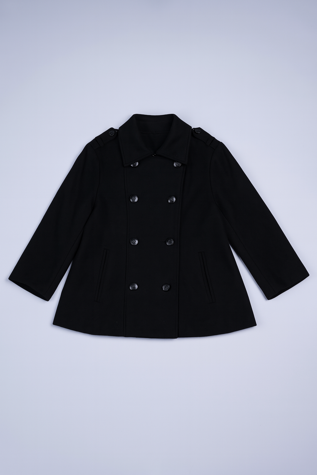 Men?s black double-breasted peacoat with broad notched lapels and functional front pockets.