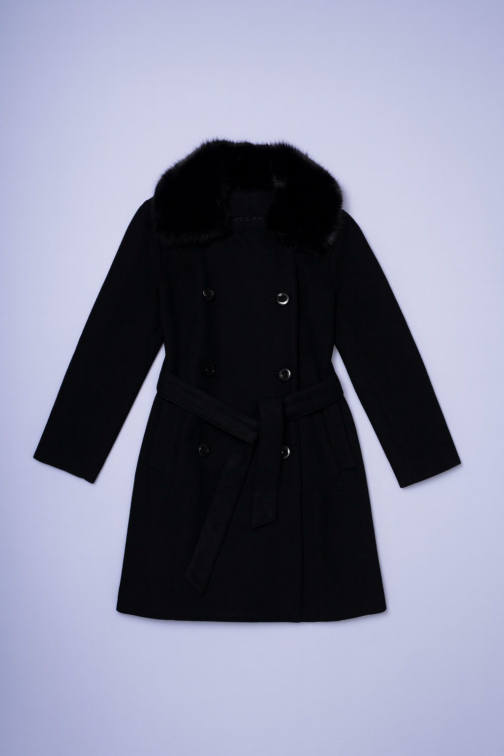 Black double-breasted long coat with plush fur collar and adjustable waist belt.