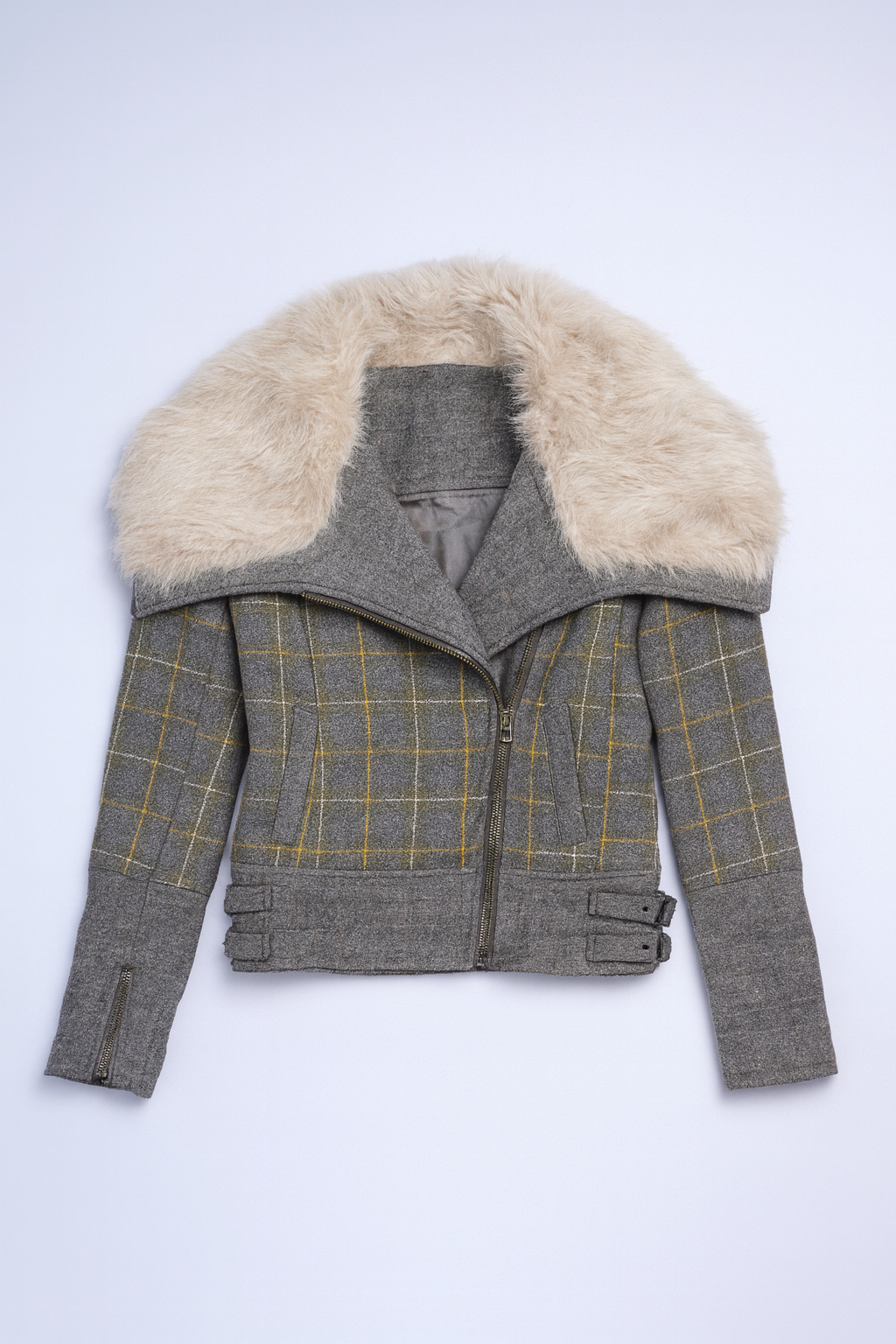 Plaid wool moto coat with faux fur collar and zip closure for chic winter style.
