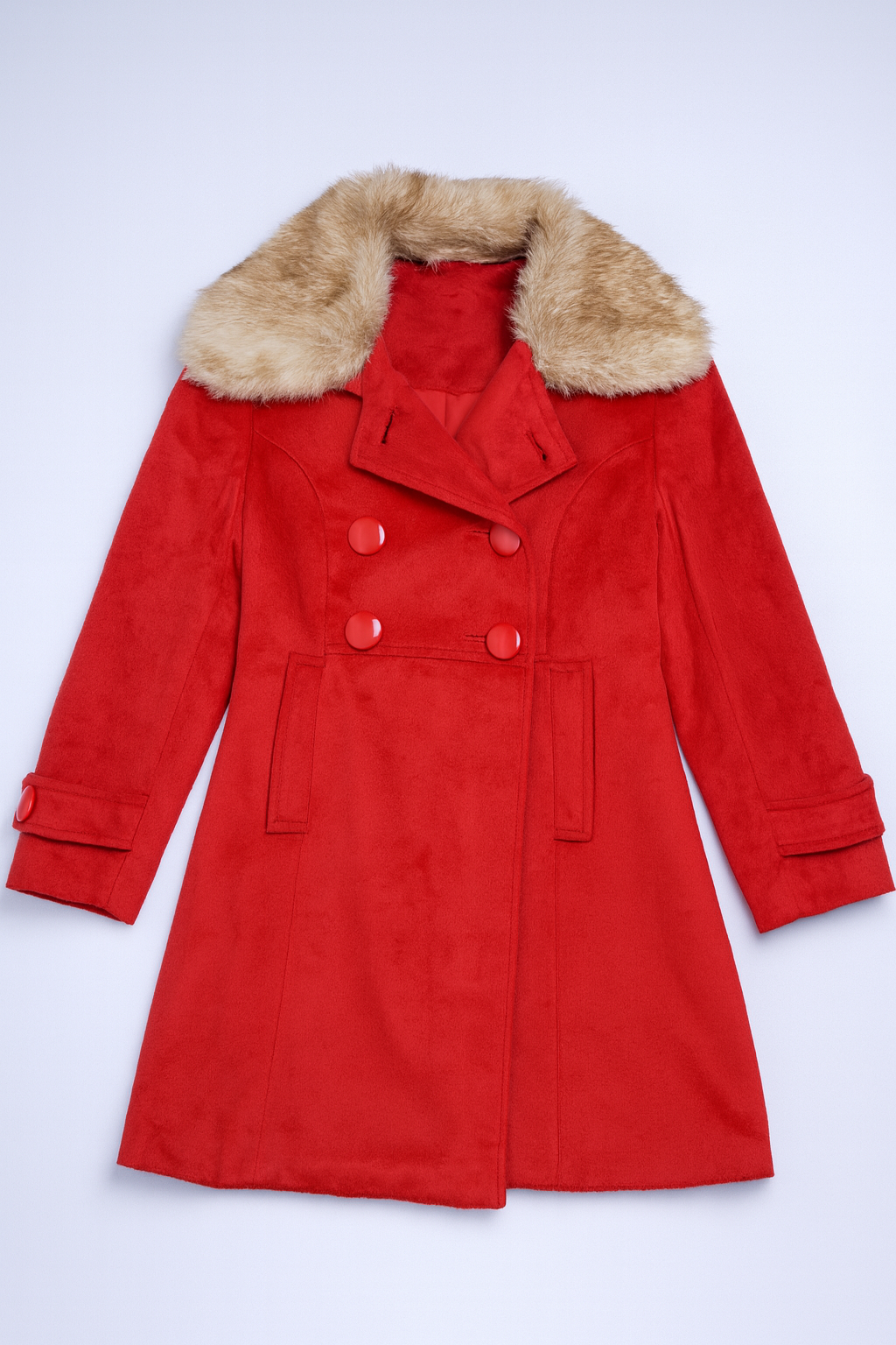 Red wool-blend double-breasted coat with cream faux fur collar and tailored fit.