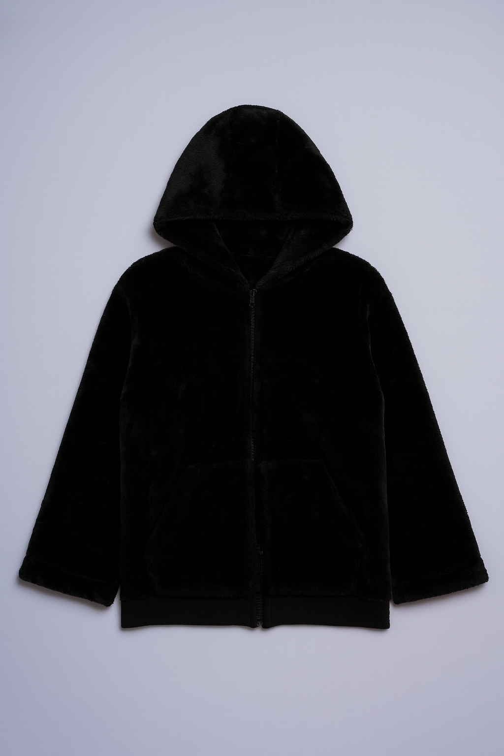 Black faux fur hooded zip-up jacket with embroidered Mickey Mouse logo.