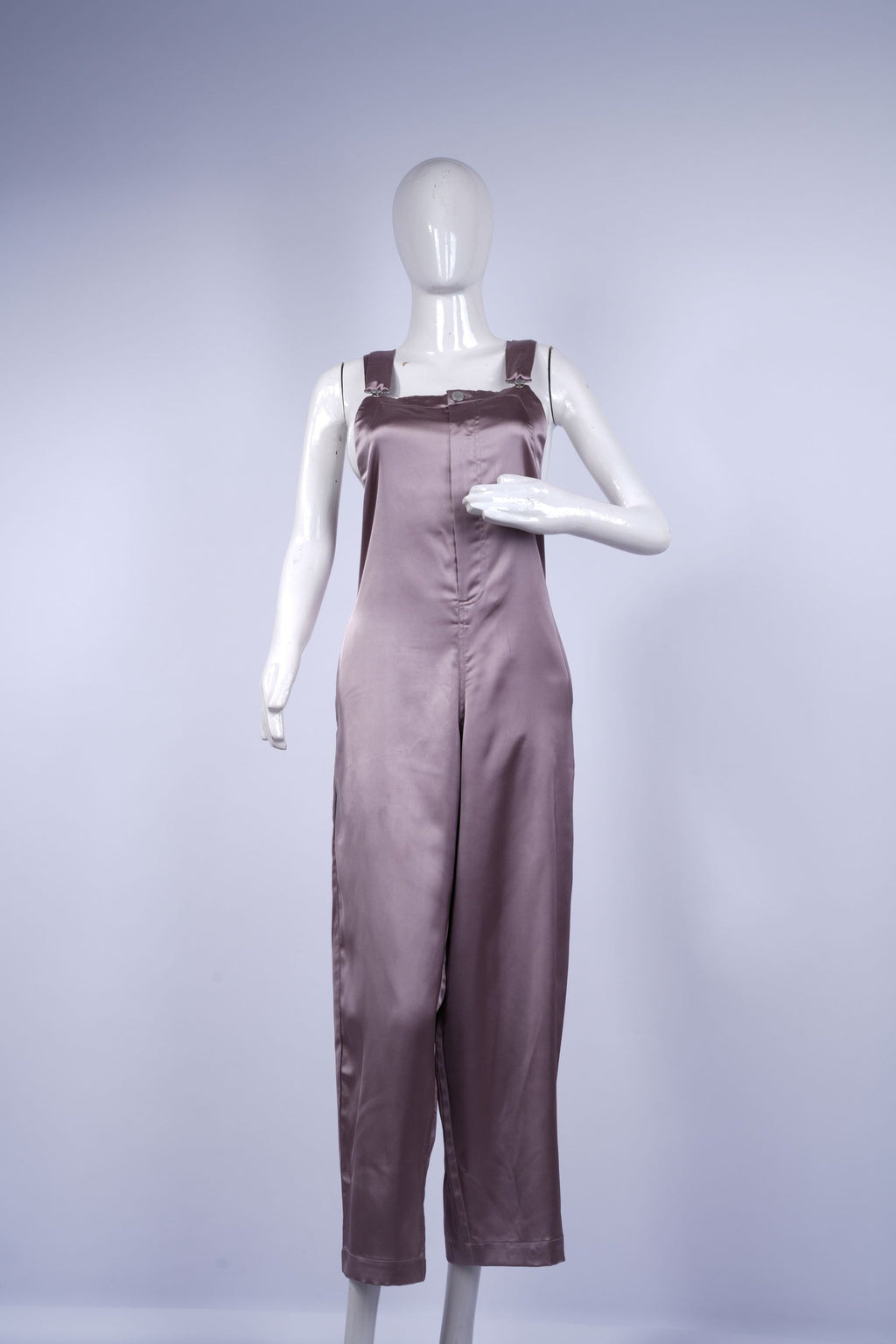 women's elegant jumpsuit featuring smooth satin fabric and relaxed fit.