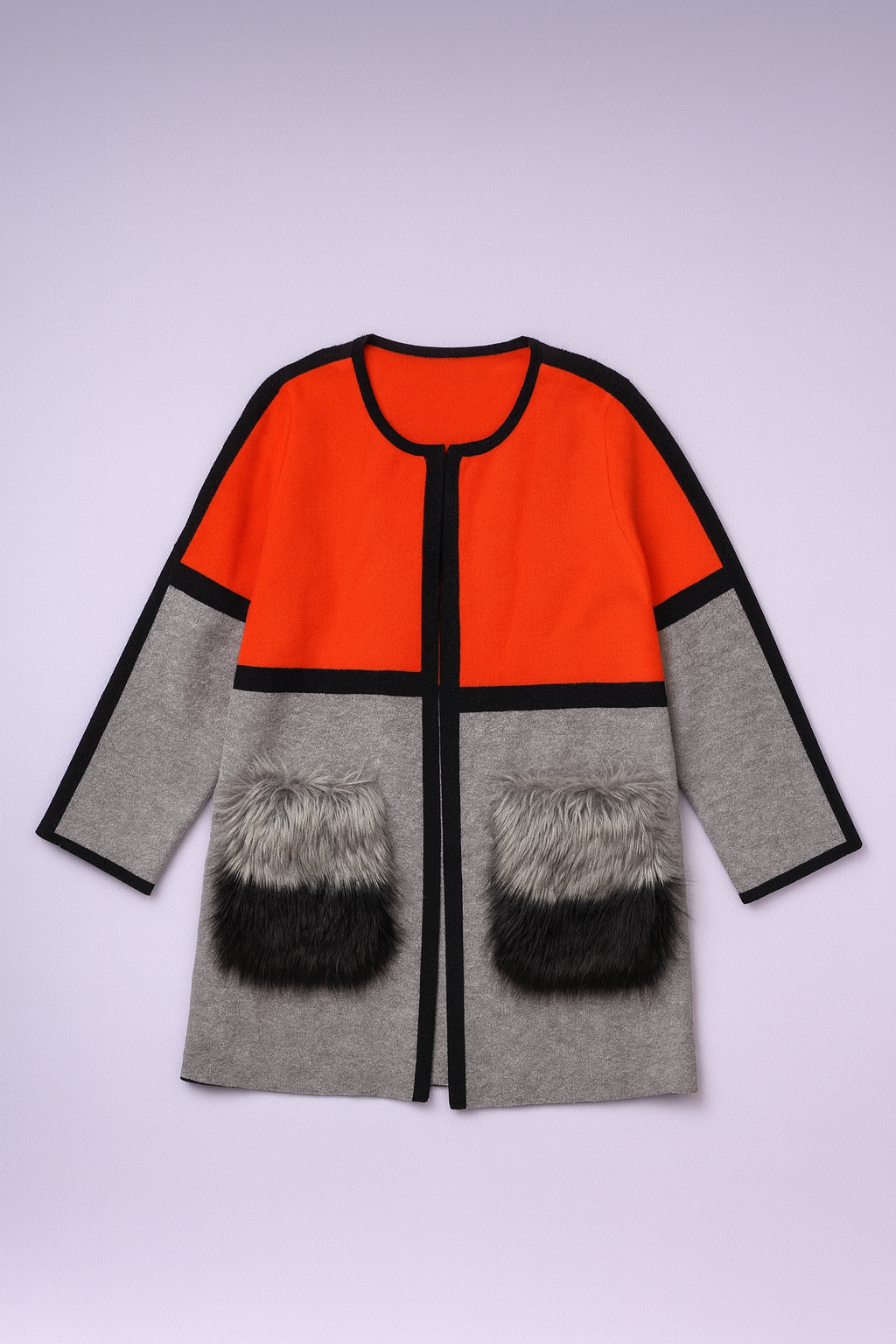 Longline cardigan with orange, grey, and black stripes and open front design.