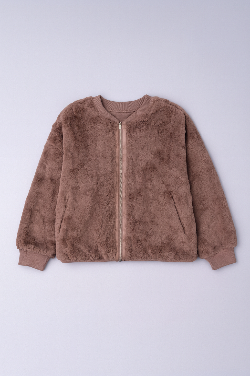 Brownish-pink faux fur jacket with zip-up front and high-neck design.