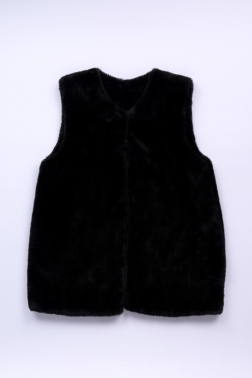 Sleeveless black faux-fur vest with soft plush texture for layering.
