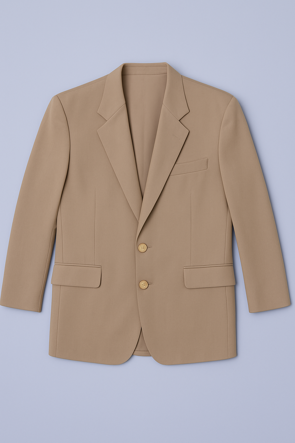 women's beige single-breasted blazer with notched lapel and two-button closure.