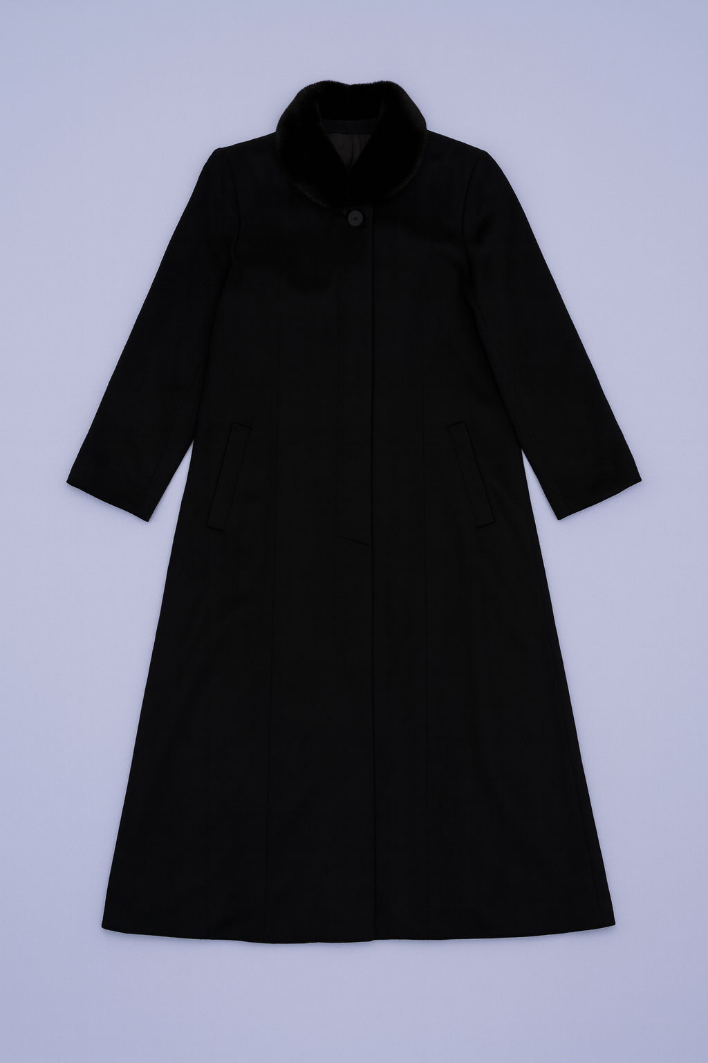 women's black wool-blend long coat with plush fox fur collar and belt.