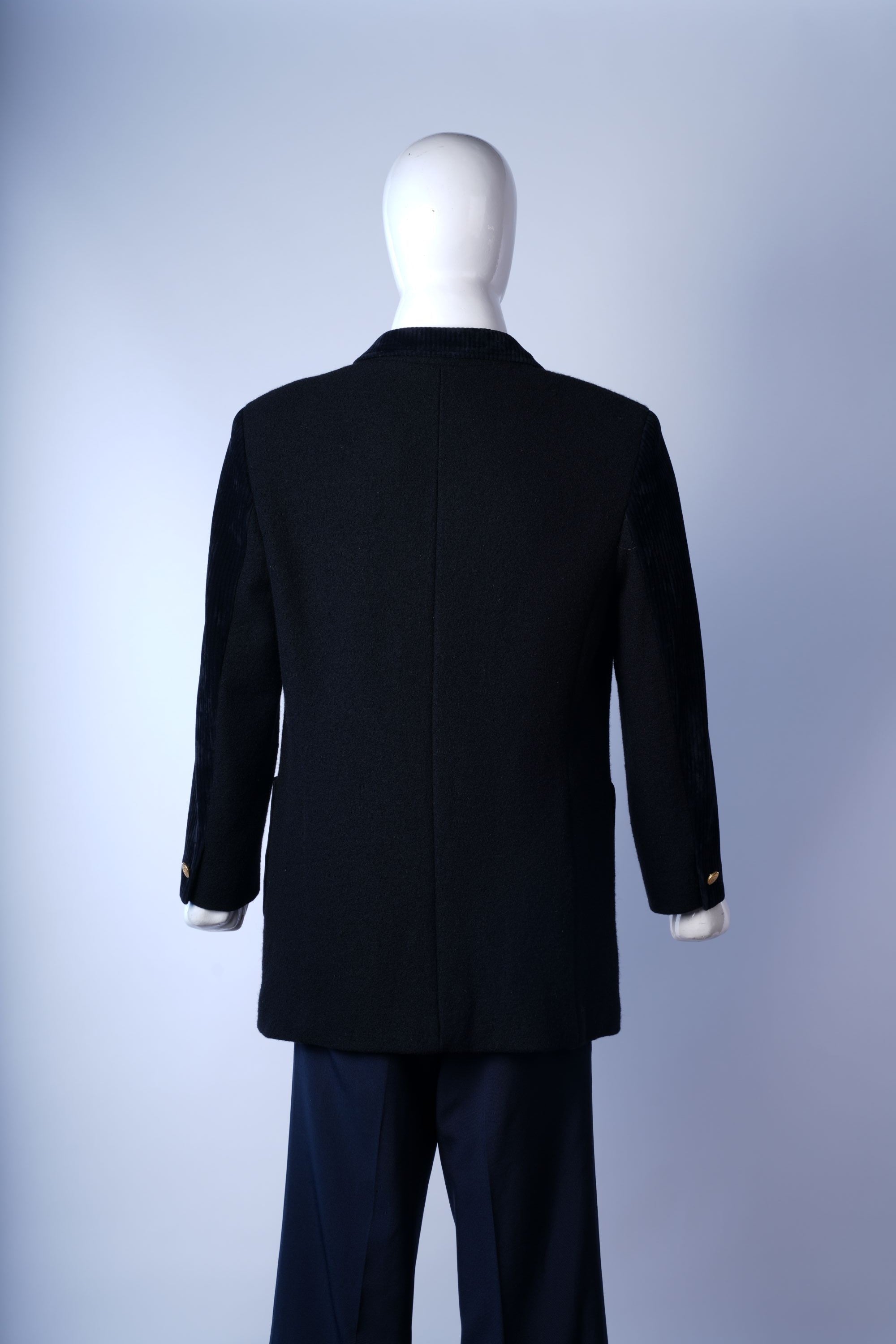 Elegant rear view of Chester coat in neutral wool fabric