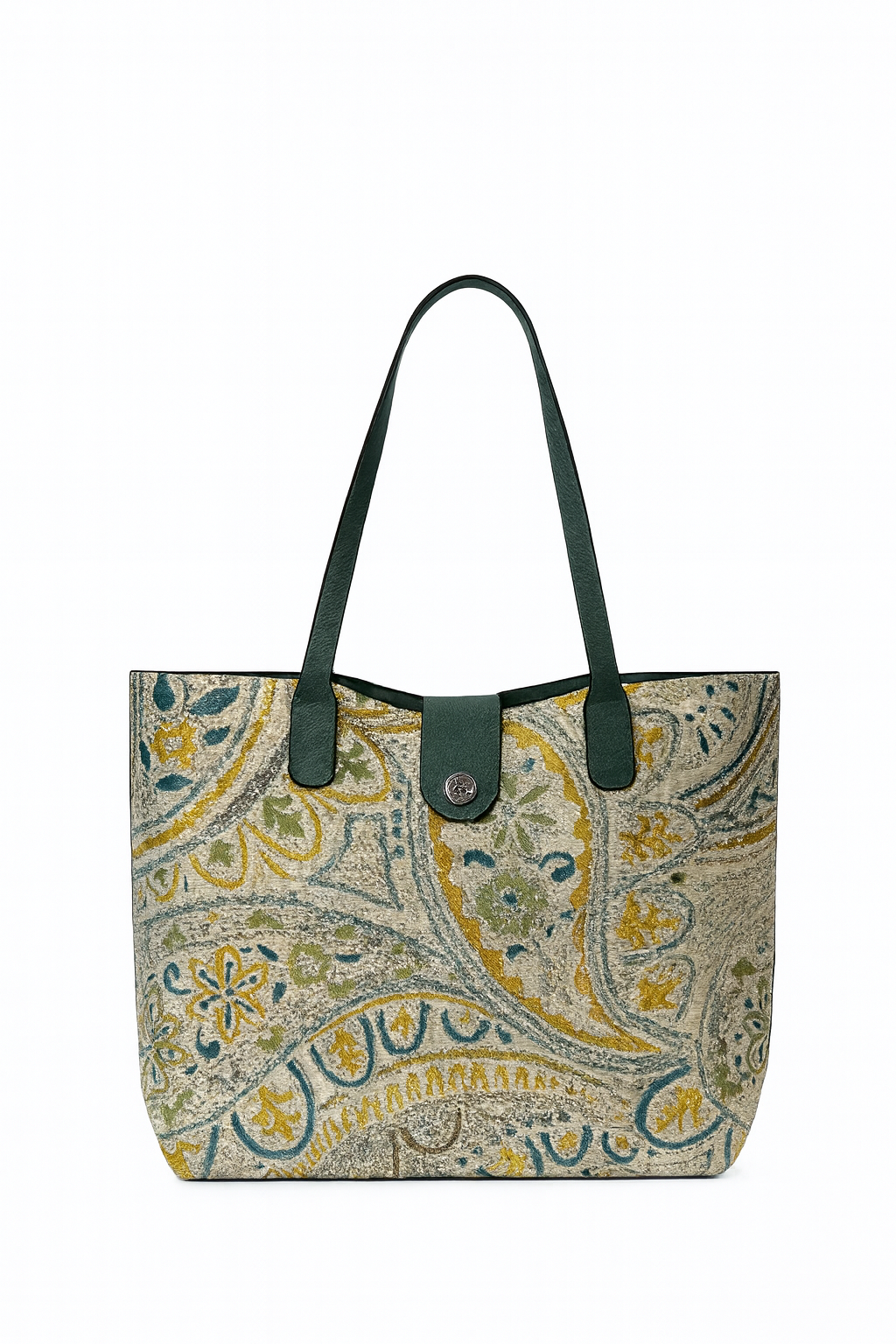 Multicolor Paisley Canvas Tote Bag with Teal Straps