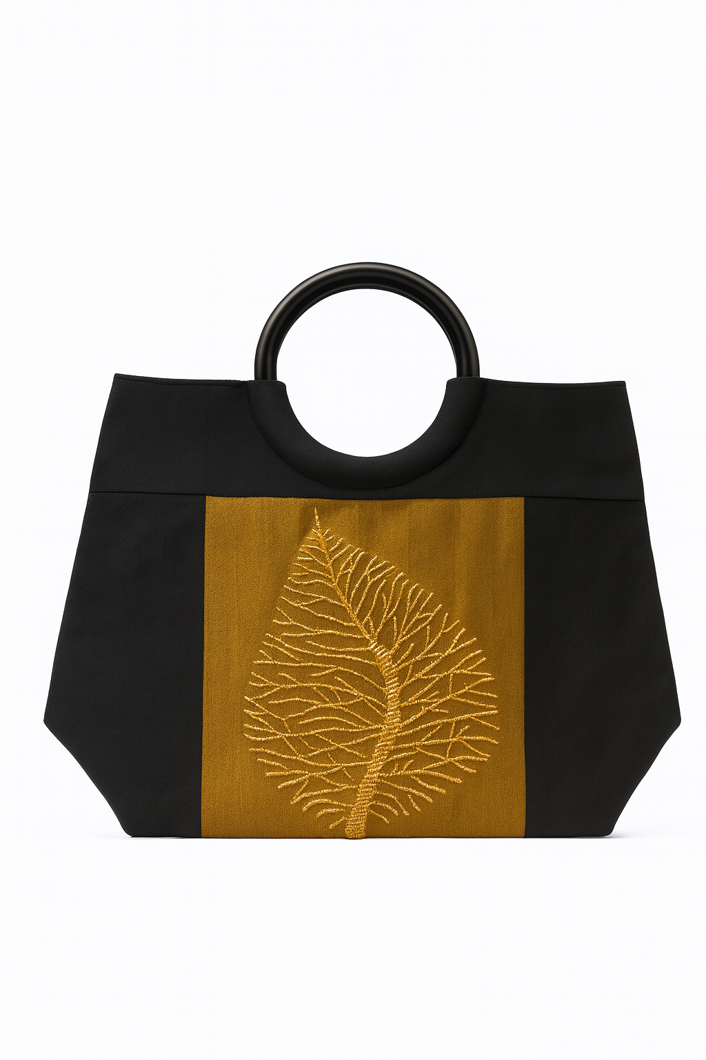 Embroidered Leaf Black Top-Handle Bag with Circular Handles
