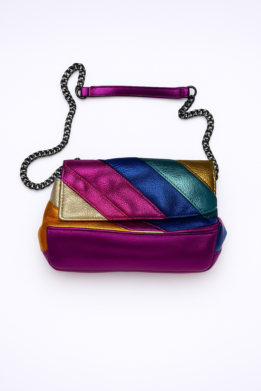 Multicolor Metallic Rainbow Quilted Bag with Eagle Logo & Chain Strap