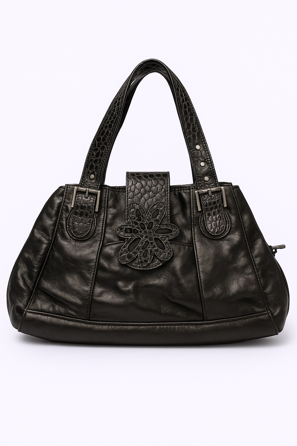 MIO Black Faux Leather Shoulder Bag with Snakeskin-Effect Trim