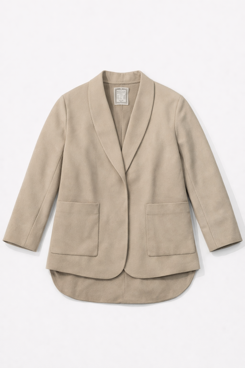 Beige textured blazer with shawl collar and patch pockets