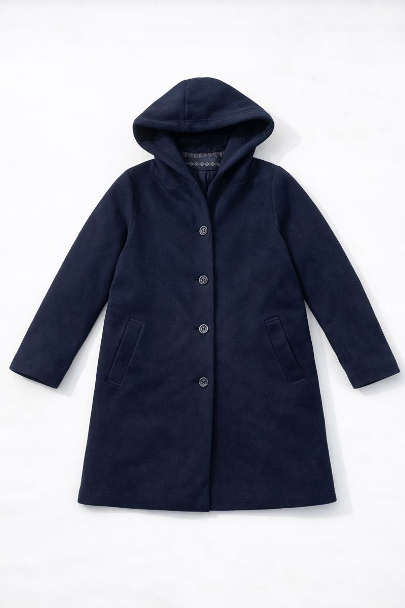 Hooded double-faced short coat with button-front closure and front pockets