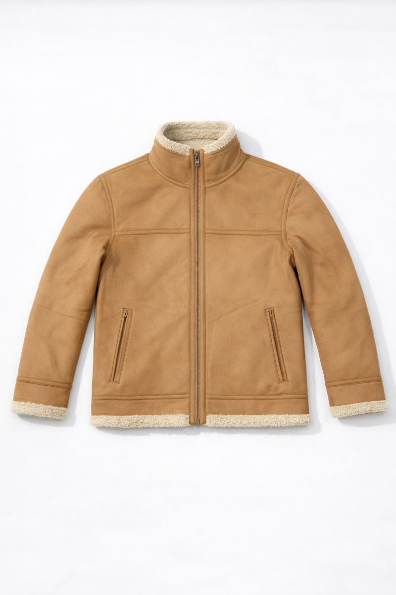 Tailored shearling aviator jacket with zip closure and stand-up collar