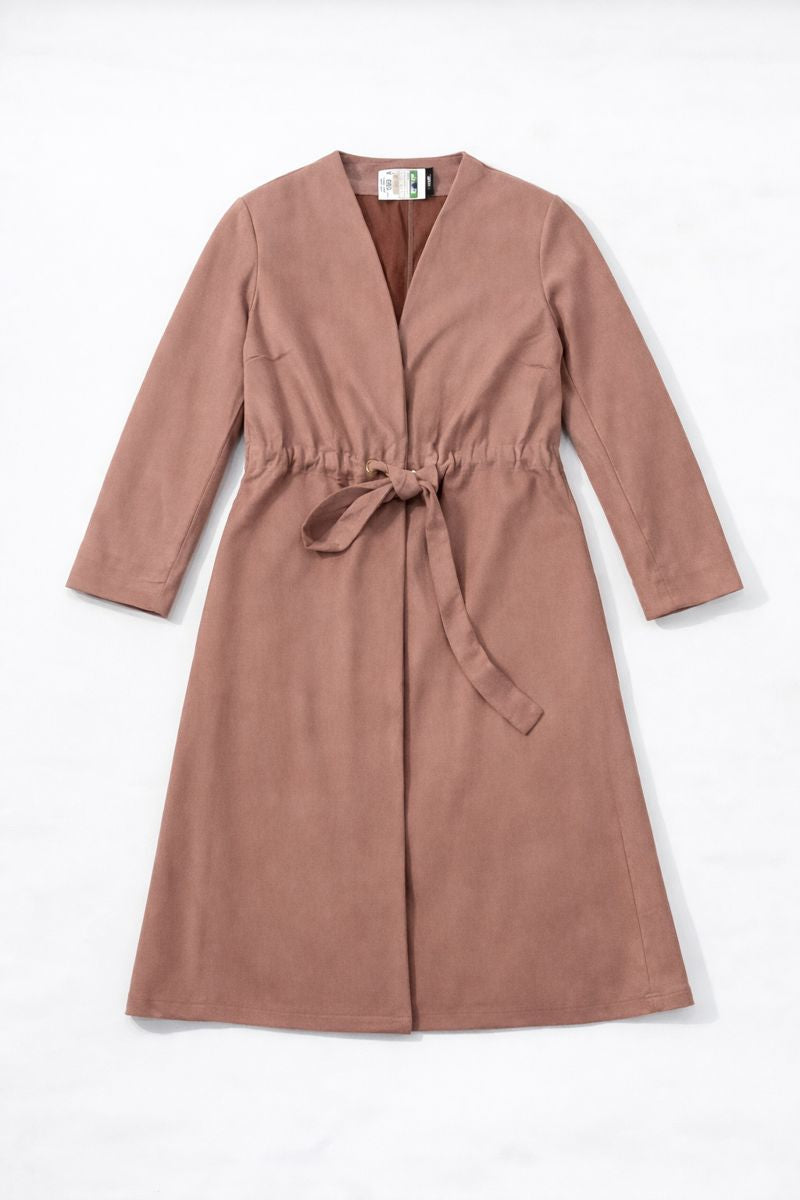 Collarless knee-length trench coat with self-tie belt and long sleeves