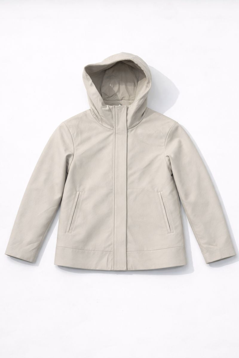 Short hoodie coat with structured neck, front button closure, and front pockets