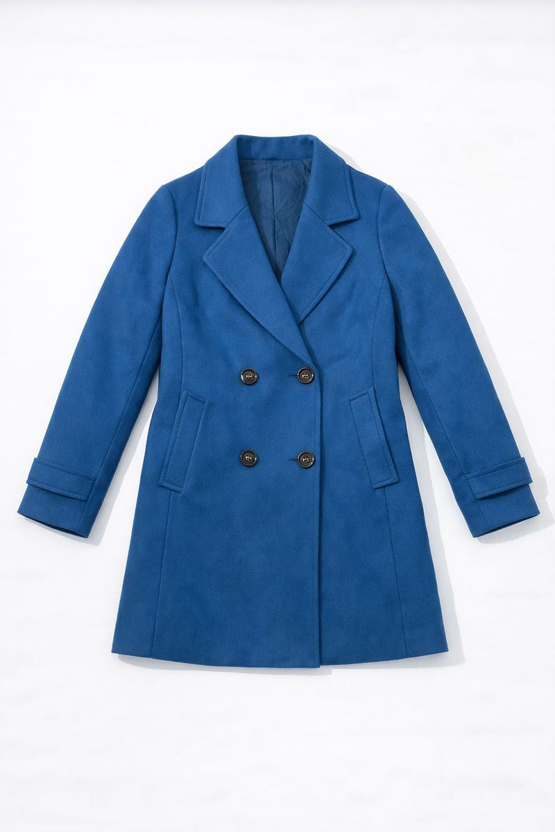 Mid-length double-breasted pea coat with notched lapels, long sleeves, and slant pockets
