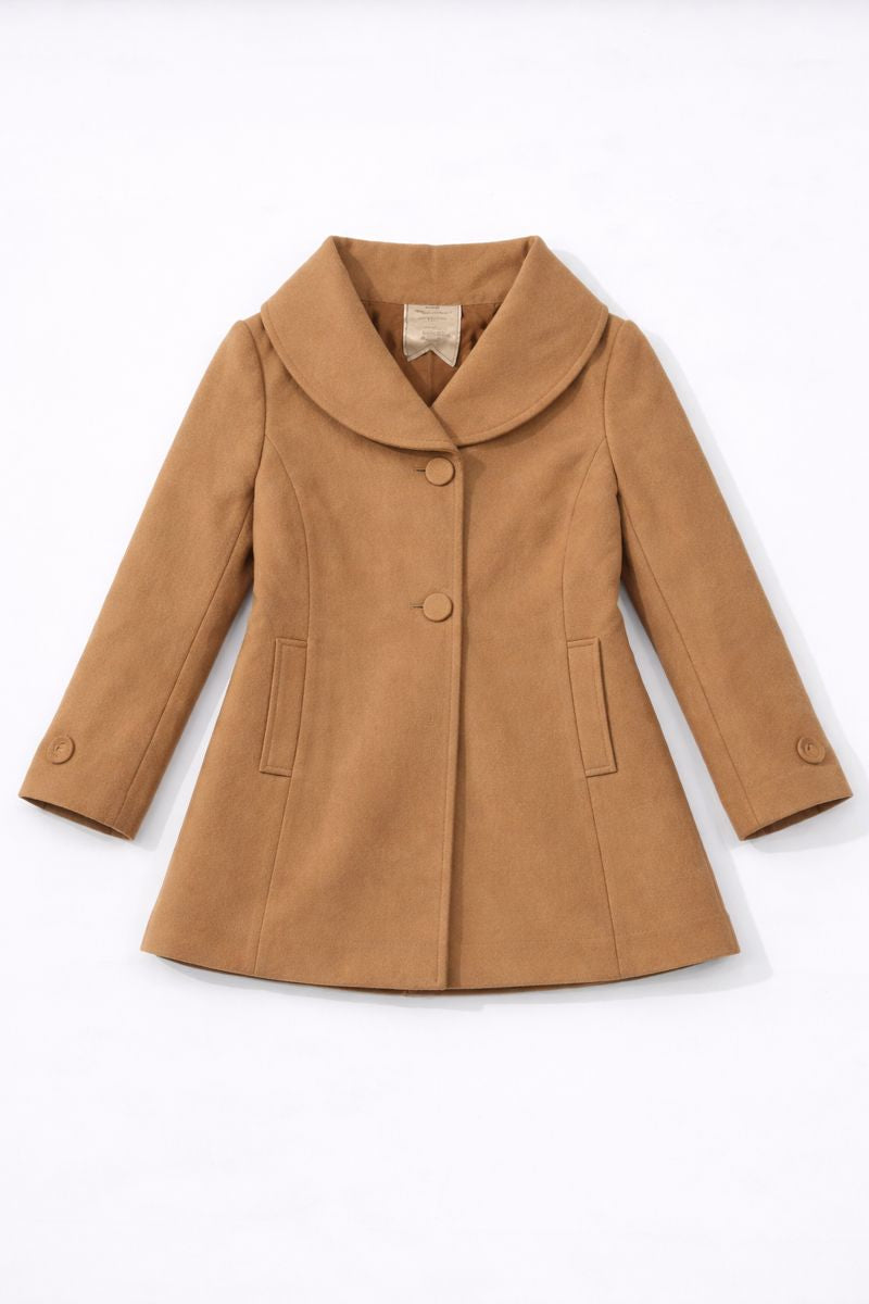 Mid-length peacoat with rounded collar, single-breasted buttons, and slit pockets