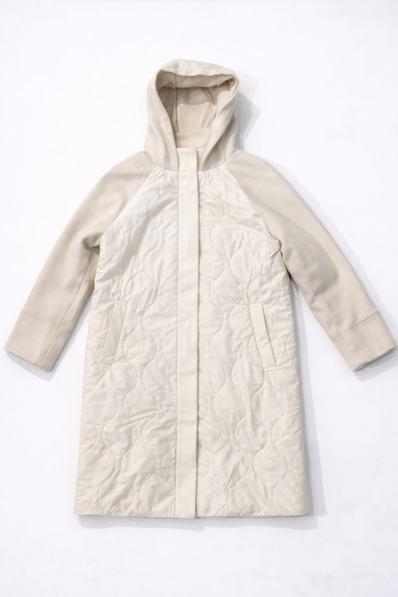 Mid-length hooded coat with quilted body and front seam pockets