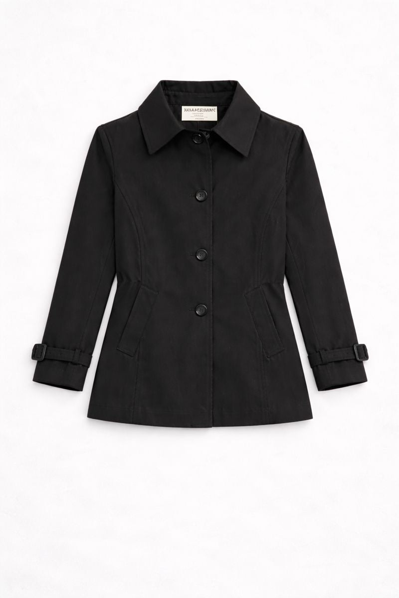 Short single-breasted tailored coat with pointed collar, button closure, and front welt pockets