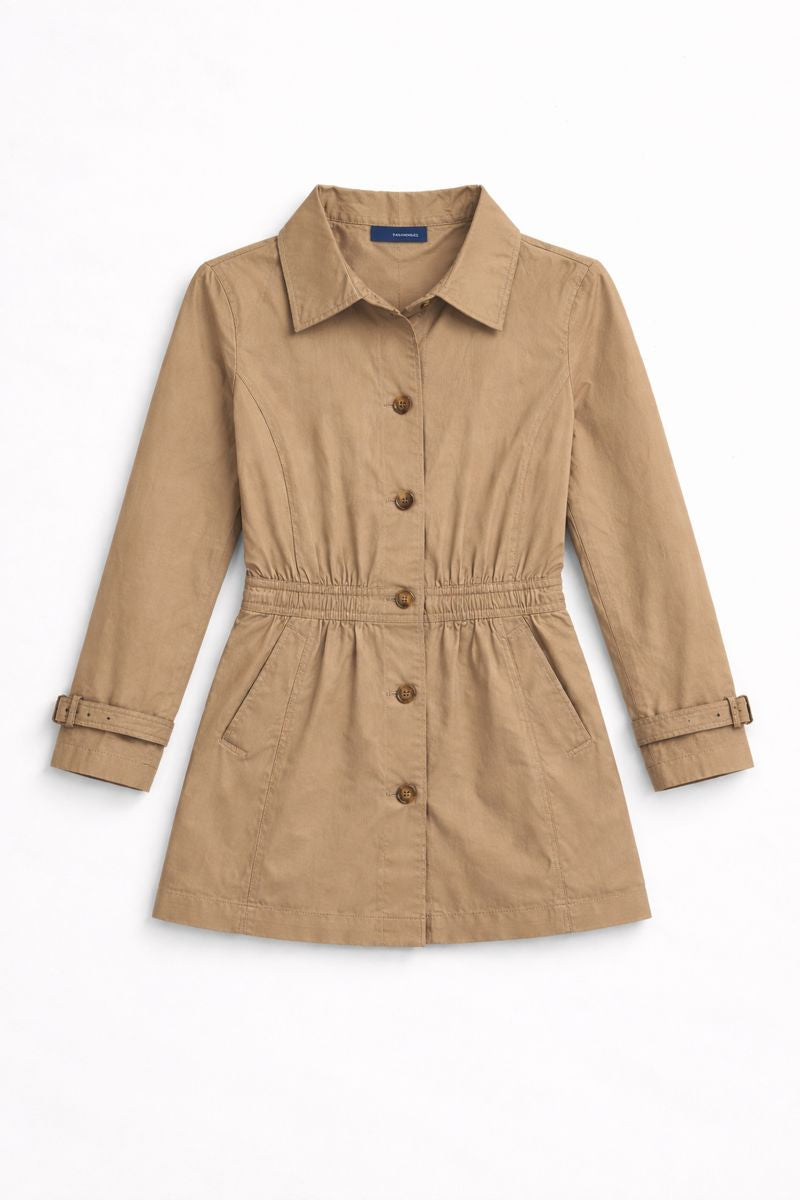 Corduroy shirt dress with button-down front, long sleeves, and adjustable waist