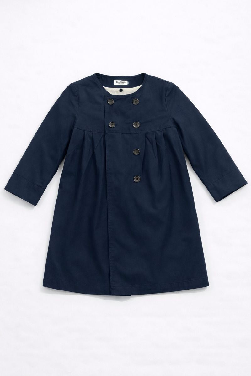 Collarless double-breasted mid-thigh coat with three-quarter sleeves and flared silhouette