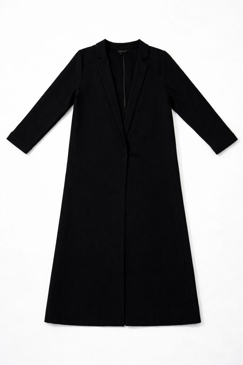 High-neck midi dress with long sleeves and straight-to-slightly A-line silhouette