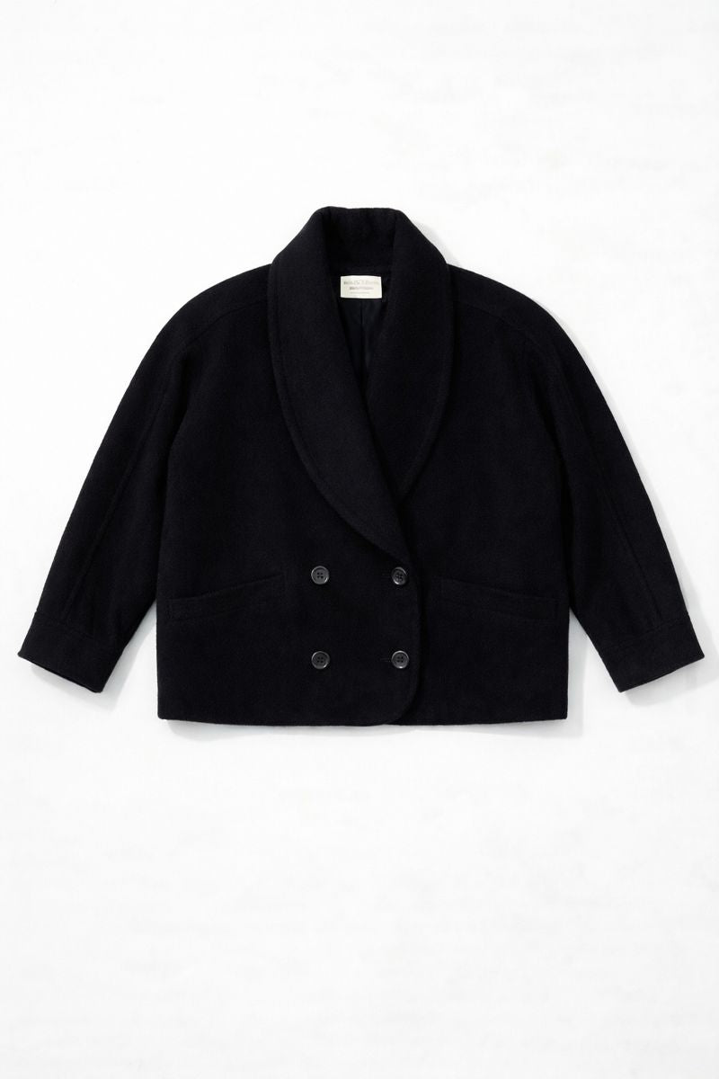 Double-breasted short peacoat with wide notched lapels and six-button front