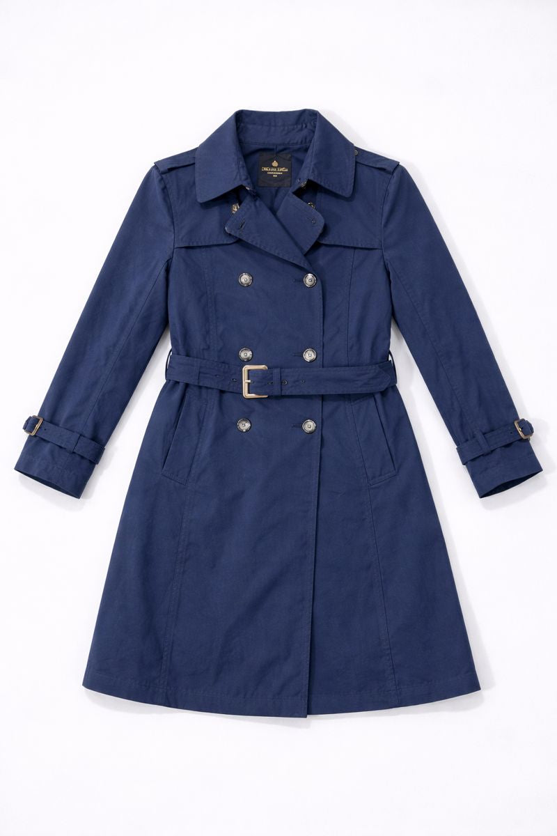 Double-breasted trench coat with notch collar and adjustable belt