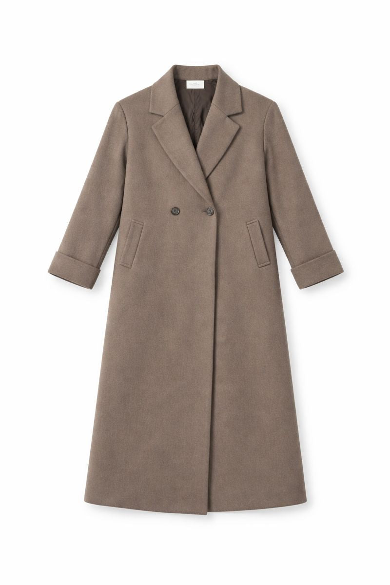Double-breasted long wool blend coat with notched lapels and side pockets