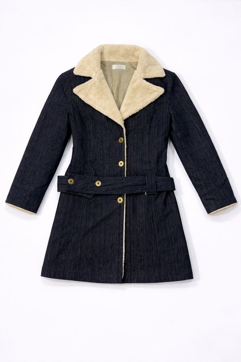 Fitted mid-thigh coat with contrasting collar, button-front closure, and waist belt