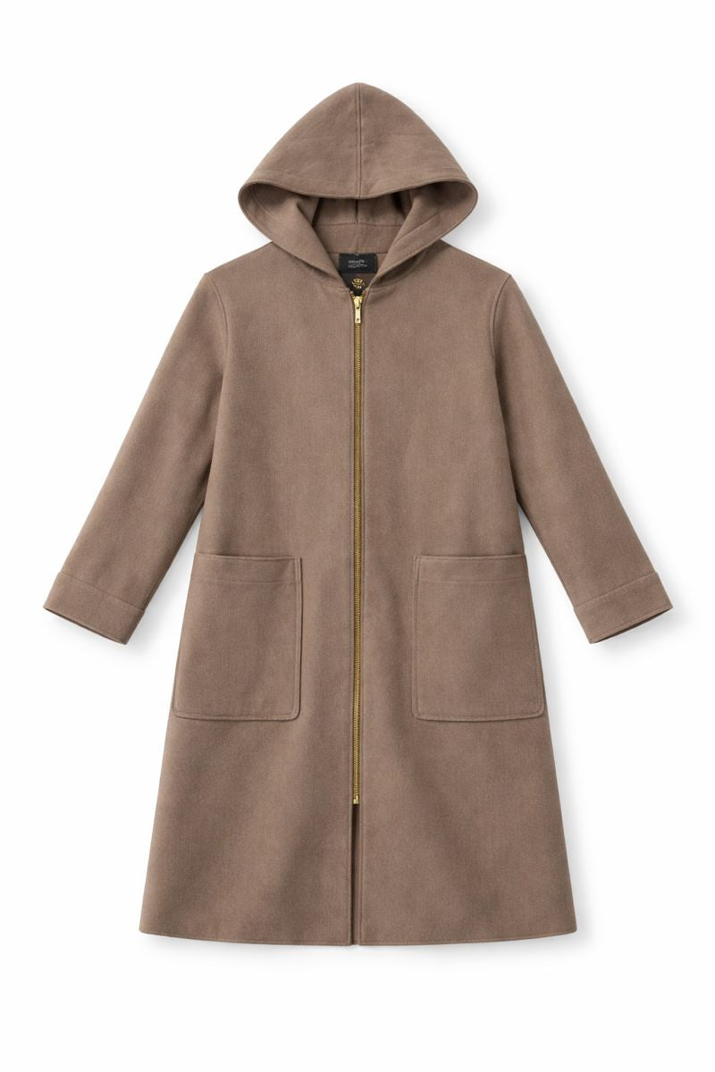 Hooded mid-length taupe coat with front zipper and patch pockets