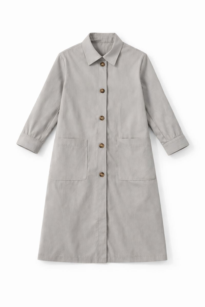 Light grey single-breasted mid-length coat with front buttons and patch pockets