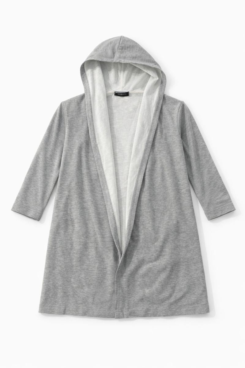 Grey hooded open-front lightweight coat with three-quarter sleeves